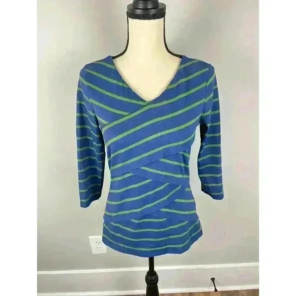 J. Mclaughlin Catalina Cloth 3/4 Sleeve Blouse Spandex Blue Green Striped Size S